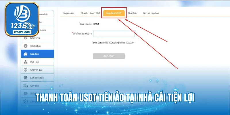 Nạp Tiền 123B Thanh toán USDT tiền ảo tại nhà cái tiện lợi
